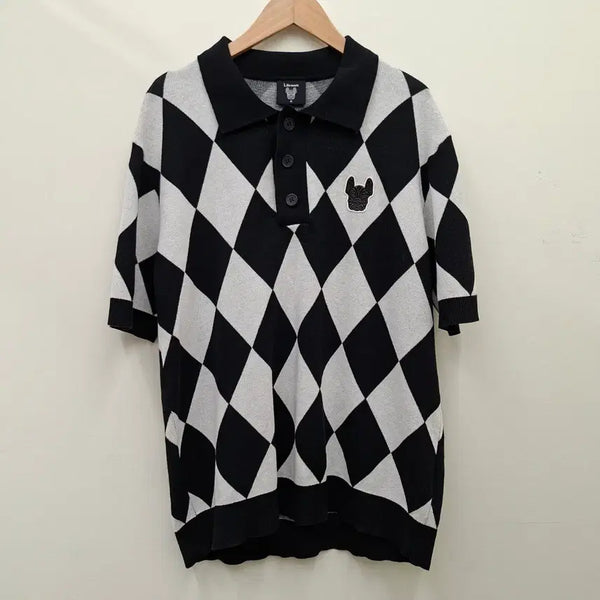 [BUNJANG] LifeWork Argyle Short Sleeve Collar Knit T-Shirt M / 라이프워크 아가일 반팔 카라 니트