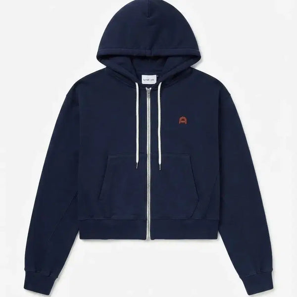 [BUNJANG] Dunst Navy Leather Logo Zip-up Hoodie S / 던스트 네이비 레더로고 집업 후드 S