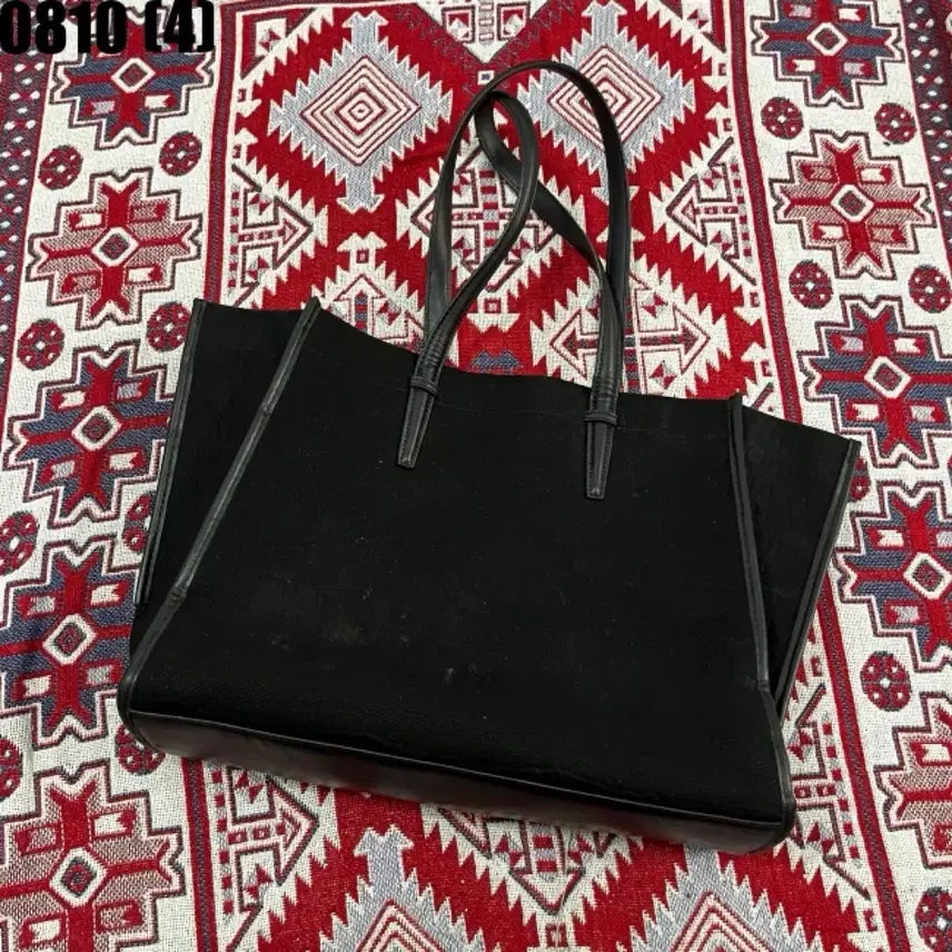 [BUNJANG] Black Leather Color Block Tote Shoulder Bag / 블랙 토트백 가죽 배색 숄더백