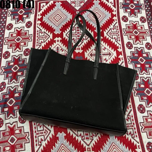 [BUNJANG] Black Leather Color Block Tote Shoulder Bag / 블랙 토트백 가죽 배색 숄더백