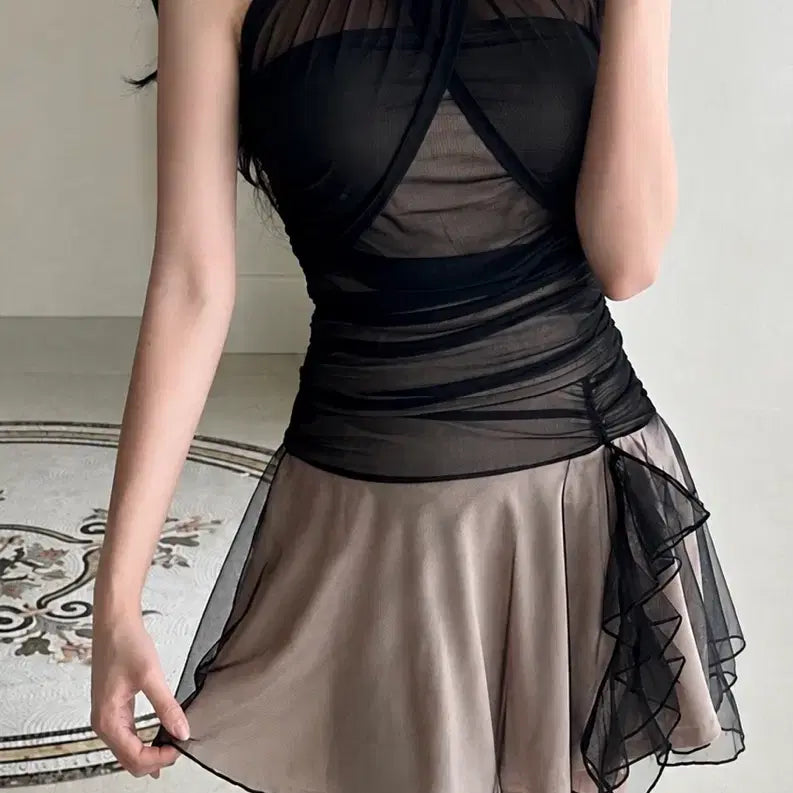 [BUNJANG] Sheer Chiffon Mesh Balcore Two-Piece Set (Sleeveless Top + Skirt) / 쉬폰 망사 발레코어 나시+스커트 투피스 세트 새상품