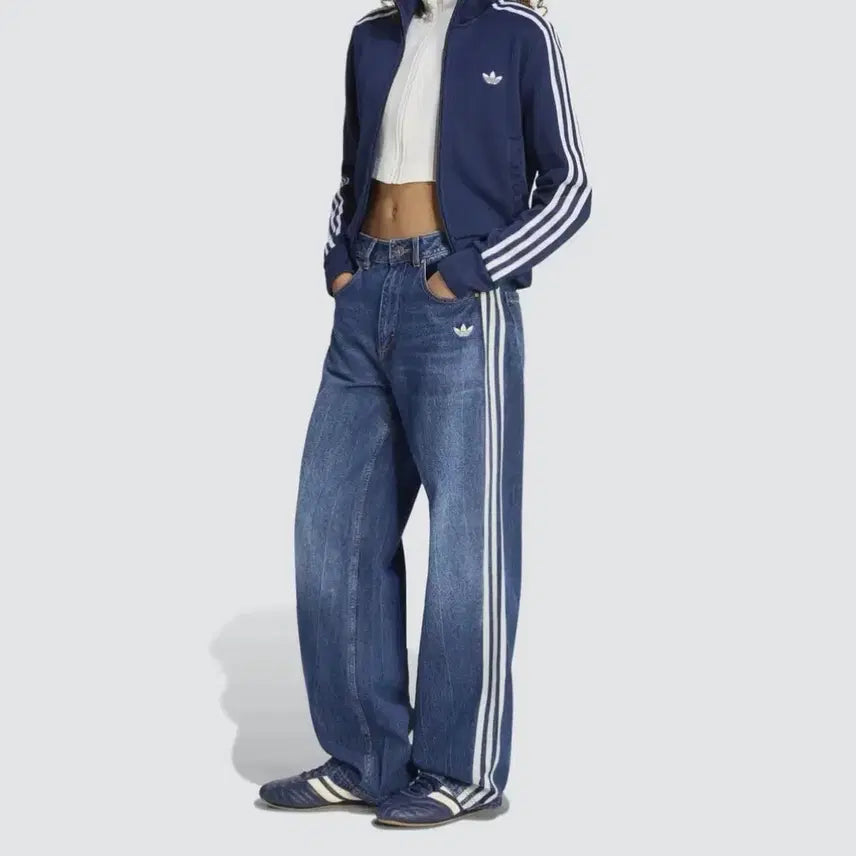 [BUNJANG] Adidas Three Stripes Denim Wide Pants / 아디다스 삼선 데님 와이드 팬츠