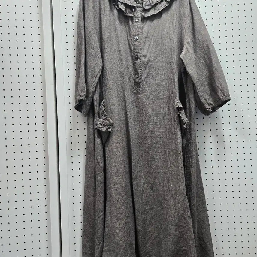 [BUNJANG] Pleated Frill Collar Long Linen Dress Brown / (1797)주름 프릴 카라 롱 린넨원피스 브라운