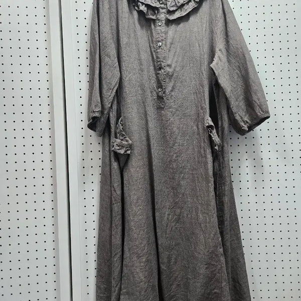 [BUNJANG] Pleated Frill Collar Long Linen Dress Brown / (1797)주름 프릴 카라 롱 린넨원피스 브라운