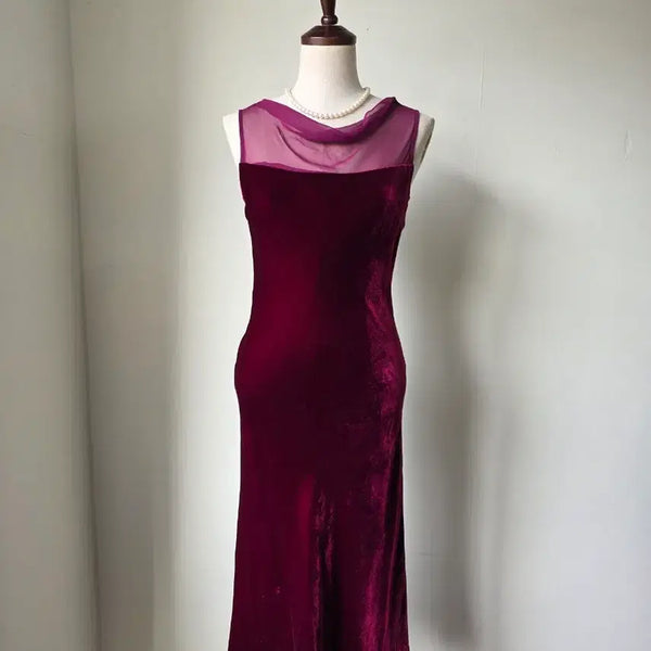 [BUNJANG] Burgundy Velvet Chiffon Neck Long Dress / 버건디 벨벳 쉬폰 넥 롱 원피스
