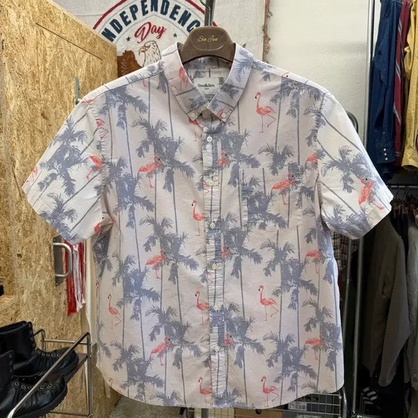 [BUNJANG] Flamingo Palm Tree Pattern Button-Down Hawaiian Shirt / 플라밍고 야자수 패턴 버튼다운 하와이안 셔츠