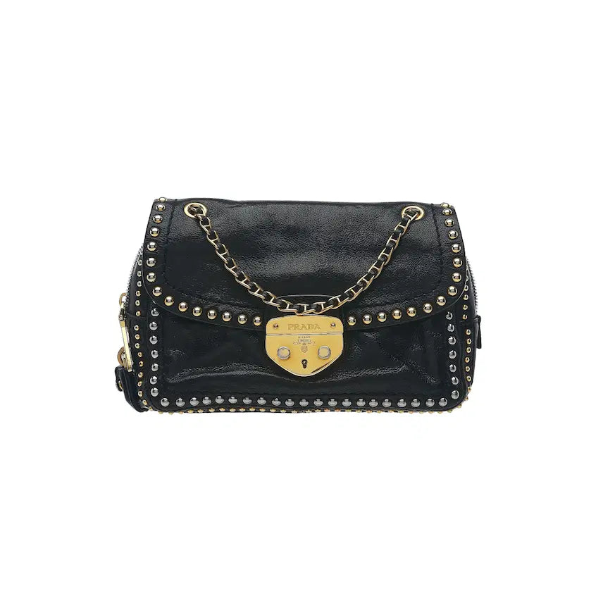 [BUNJANG] Prada Glace Studded Shoulder Bag Black / 프라다 글레이스 스터드 숄더백