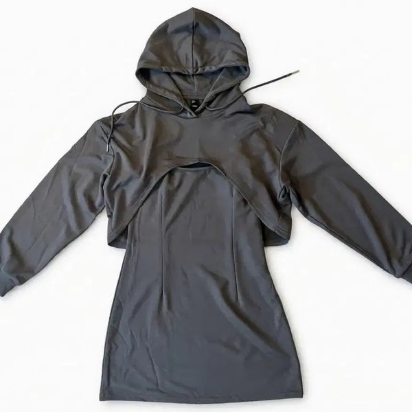 [BUNJANG] Shop Cider Hooded Layered Dress Setup - Dark Grey / [미착용]샵사이다 후드 레이어드 원피스 셋업 / 다크그레이