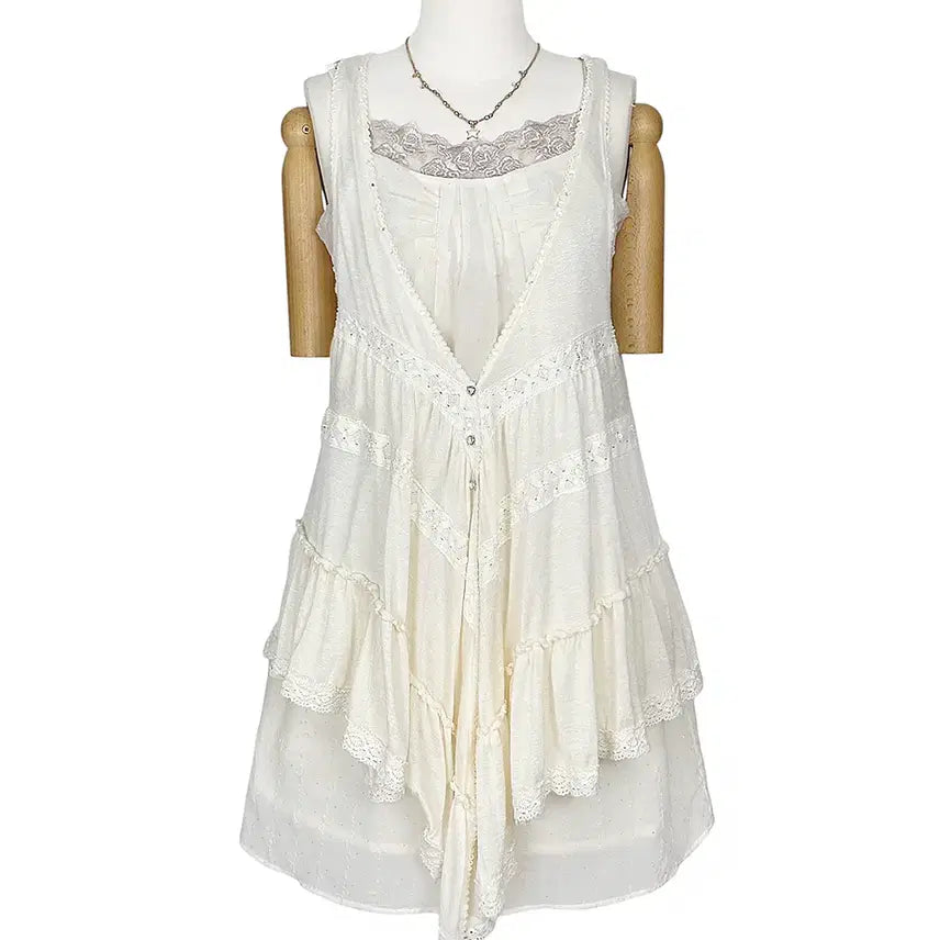 [BUNJANG] Axes Femme Lace Asymmetrical Ruffle Long Vest / 일본빈티지axesfemme엑시즈팜 레이스언발셔링 롱조끼베스트 y2k히피에스닉