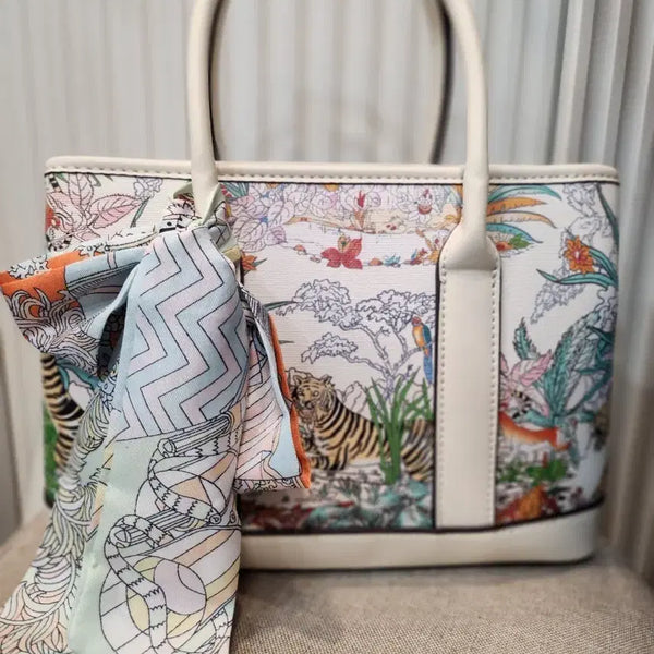 [BUNJANG] Tiger Pattern Tote Bag with Scarf Set / 호랑이 패턴 토트백 + 스카프 포함 새상품 가로26 세로18 폭10사이즈