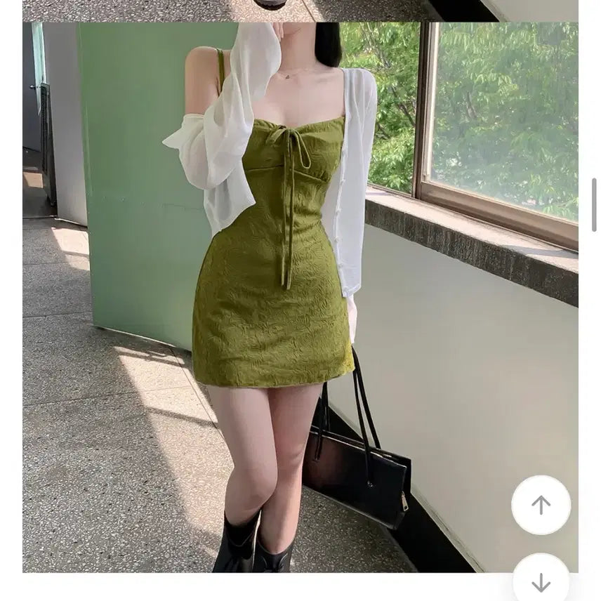 [BUNJANG] Yerin Baek Style Square Neck Mini Dress - Green Tea Pattern / 새상품 백예린st 제주녹차 스퀘어넥 미니 원피스