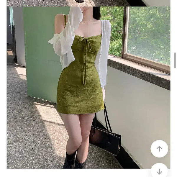 [BUNJANG] Yerin Baek Style Square Neck Mini Dress - Green Tea Pattern / 새상품 백예린st 제주녹차 스퀘어넥 미니 원피스