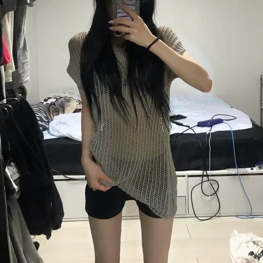 [BUNJANG] Vintage Knit Mesh Short Sleeve Top / 빈티지 니트 그물 망사 반팔