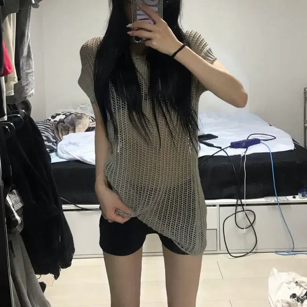 [BUNJANG] Vintage Knit Mesh Short Sleeve Top / 빈티지 니트 그물 망사 반팔