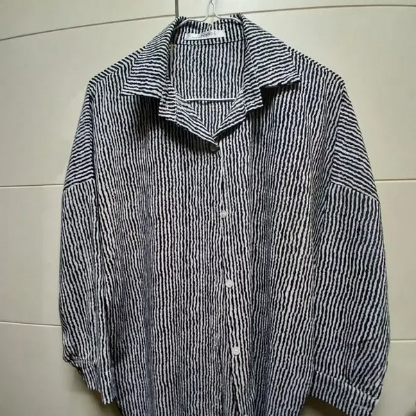 [BUNJANG] Striped Women's Shirt - Relaxed Fit (Up to Size 66) / 스트라이프 여성셔츠 프리 넉넉66