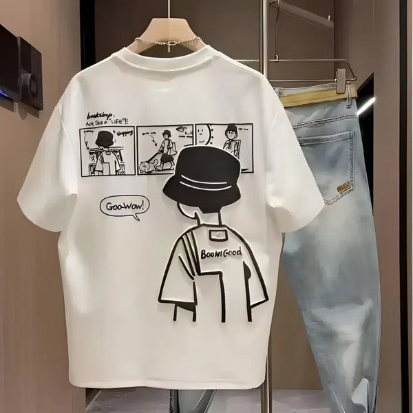 [BUNJANG] Character Illustration Short Sleeve T-Shirt White / 캐릭터 일러스트 반팔 티셔츠 화이트