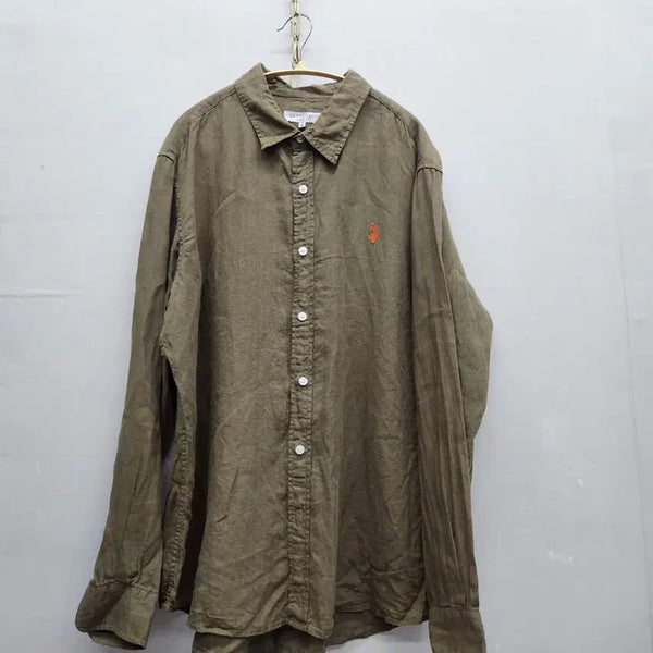 [BUNJANG] US Polo Linen Shirt Olive Khaki XL / US폴로 로고자수 올리브카키 린넨 셔츠 105(XL)
