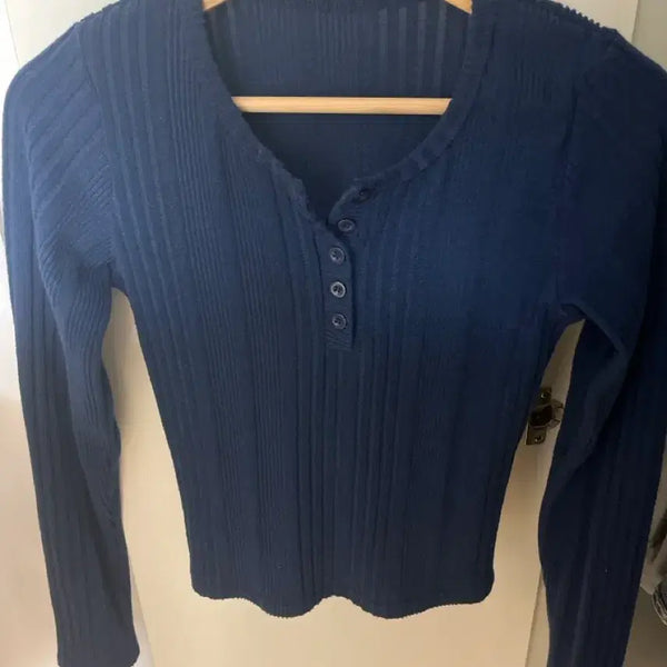 [BUNJANG] Navy Button Detail Ribbed Knit Long Sleeve T-Shirt / 네이비 단추티