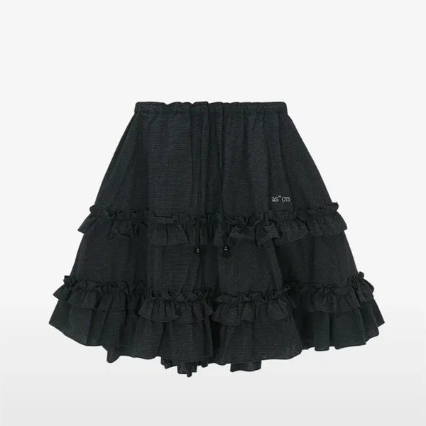 [BUNJANG] ASSOON Check Tiered Midi Skirt Black / 애즈온 체크 캉캉 미디 스커트 블랙