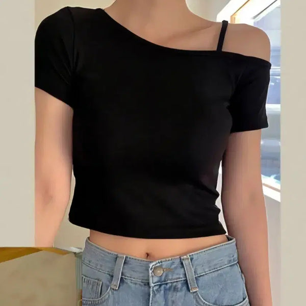 [BUNJANG] Spandex Asymmetrical Off-Shoulder Crop T-Shirt / 스판 언발 오프숄더 크롭티셔츠
