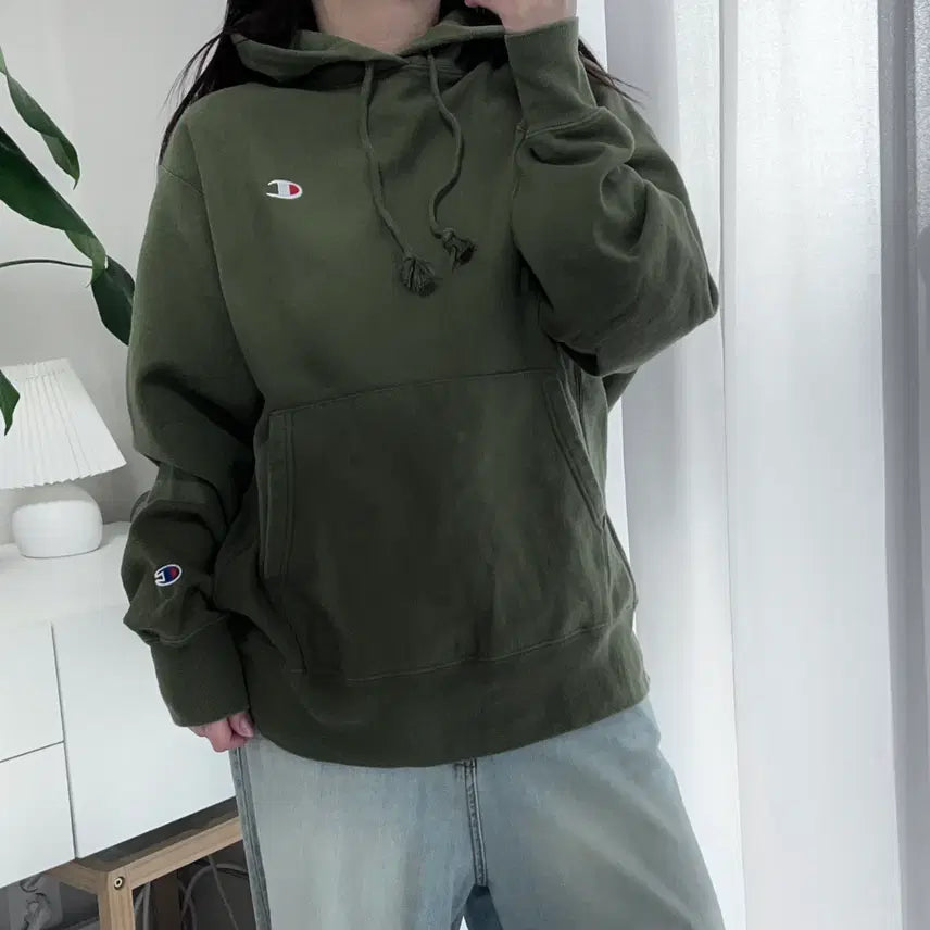 [BUNJANG] Champion Khaki Two Logo Hoodie / 챔피온 카키 투로고 기모 후드티  [ L ]
