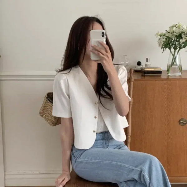 [BUNJANG] Sunday Tweed Gold Button Short Sleeve Jacket (Ivory) / 트위드 금장 반팔자켓 (상태좋음)