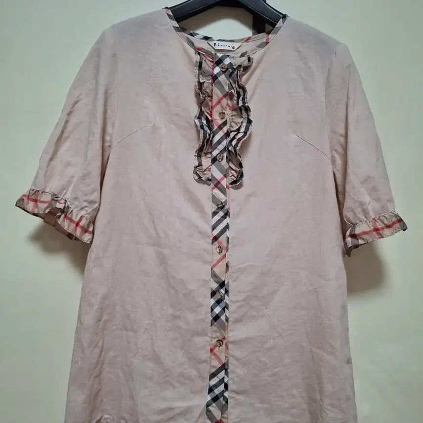 [BUNJANG] Pibeurus Check Frill Linen Blouse / Pibeurus 체크 프릴 마 블라우스 M  66 넉넉55