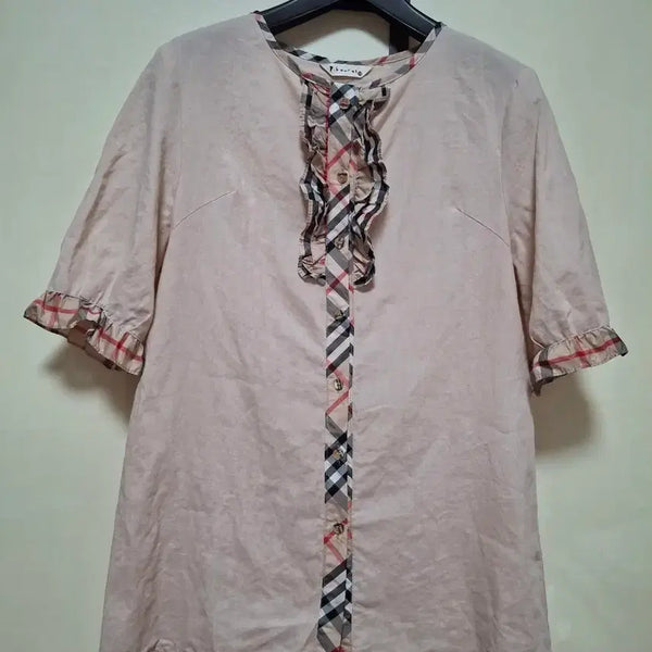 [BUNJANG] Pibeurus Check Frill Linen Blouse / Pibeurus 체크 프릴 마 블라우스 M  66 넉넉55