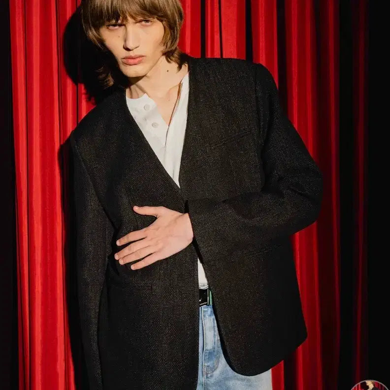 [BUNJANG] The Balon Collarless Tweed Jacket Black / 더발론 COLLARLESS TWEED JACKET BLACK