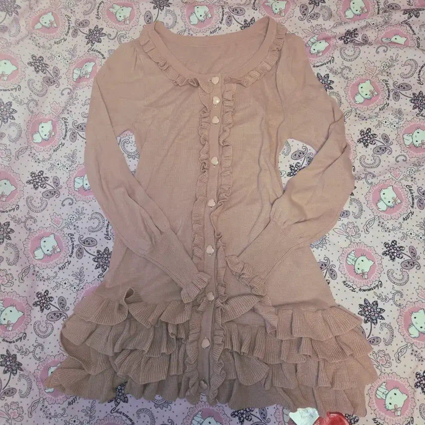 [BUNJANG] Pink Frill Lace Heart Button Cardigan / 히메갸루 라떼갸루 핑크 프릴 레이스 하트 단추 가디건