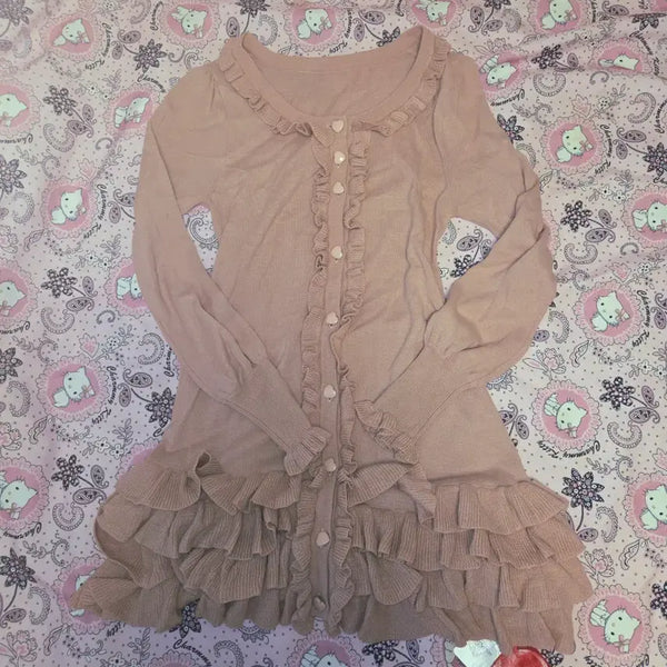 [BUNJANG] Pink Frill Lace Heart Button Cardigan / 히메갸루 라떼갸루 핑크 프릴 레이스 하트 단추 가디건