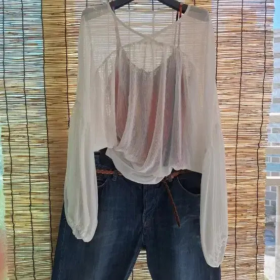 [BUNJANG] Sheer Blouse (White, Oversized Fit) / (새상품) 시스루 블라우스 (프리~라지)