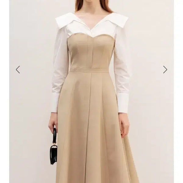 [BUNJANG] Bride And You Belinda Layered Long-Sleeve Midi Dress Beige / 브라이드앤유 원피스 3사이즈 (김연아 착용)