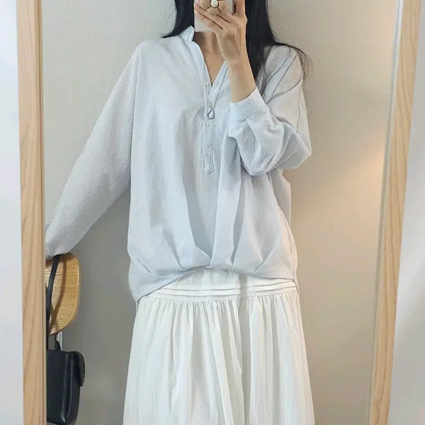 [BUNJANG] Yulmiastep Women's Long-Sleeve Collar Shirring Blouse Sky Blue / (F)율미아스텝 여성 긴팔 카라 셔링 블라우스 W4701
