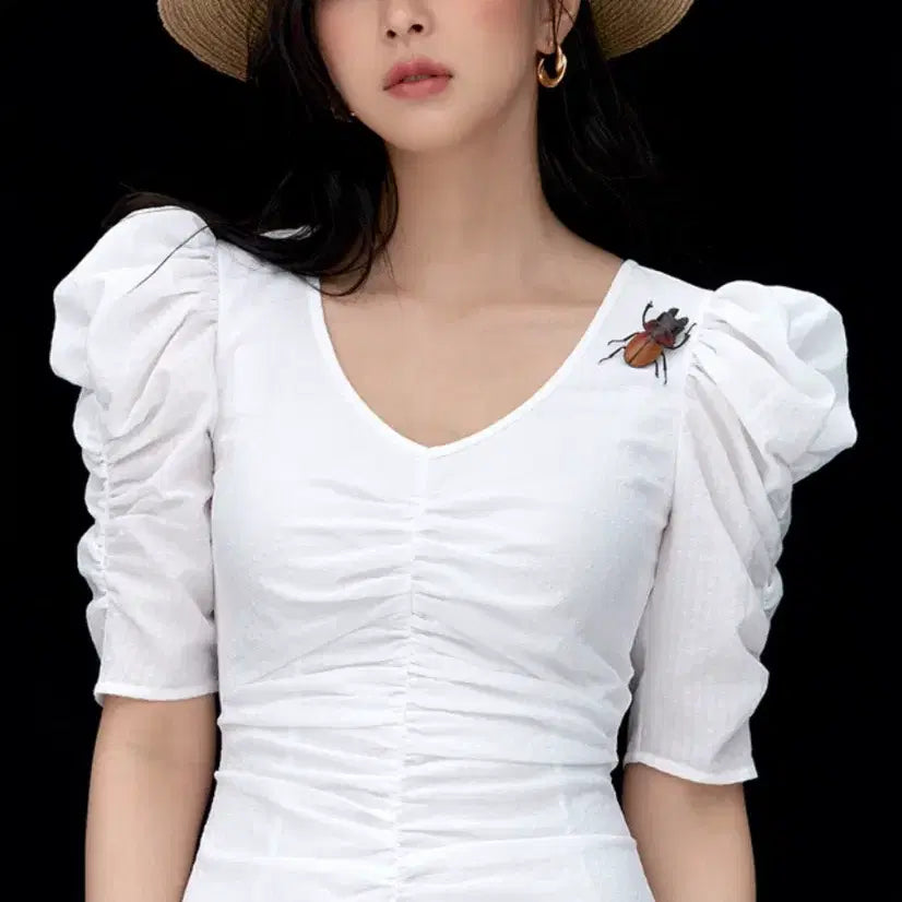 [BUNJANG] Hanabo White Shirring Puff Sleeve Long Dress / 하나보 드레스 화이트