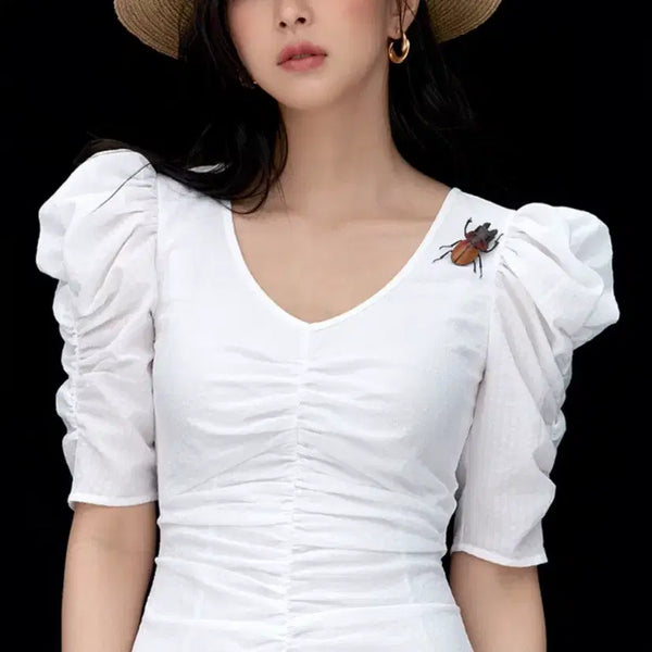 [BUNJANG] Hanabo White Shirring Puff Sleeve Long Dress / 하나보 드레스 화이트
