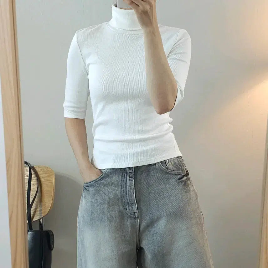 [BUNJANG] Zara Women's Ribbed Turtleneck Short Sleeve Top - Size M / (M)자라 여성 목폴라 골지 반팔 티셔츠