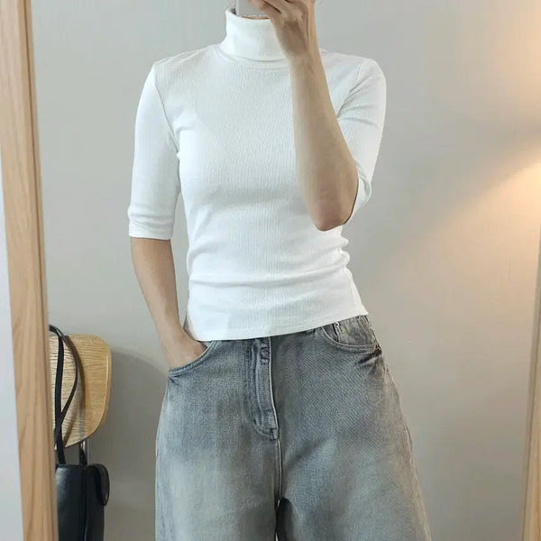 [BUNJANG] Zara Women's Ribbed Turtleneck Short Sleeve Top - Size M / (M)자라 여성 목폴라 골지 반팔 티셔츠