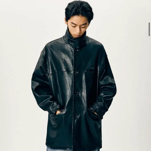 [BUNJANG] Espionage Washed Leather Car Coat Black / 에스피오나지 양가죽 카 코트
