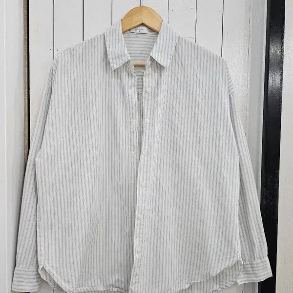 [BUNJANG] LAURENHI Women's Blue Stripe Long Sleeve Button Blouse / LAURENHI 여성 남방 셔츠 M 블루 단가라 긴팔 스트라이프 카라 단추 루즈핏 블라우스