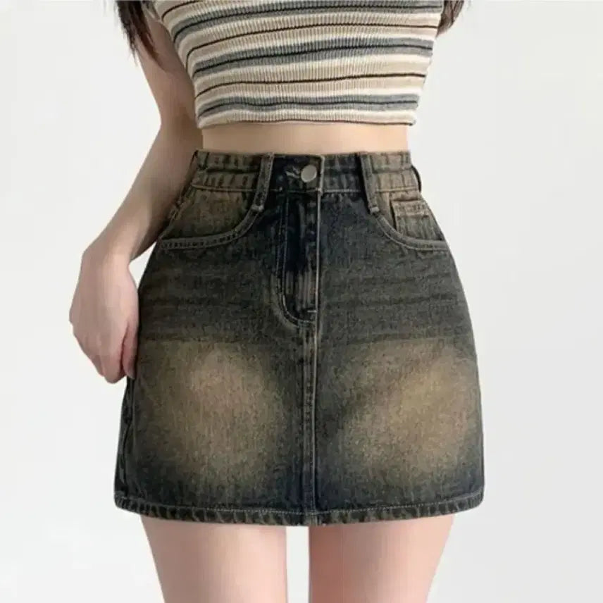 [BUNJANG] 4-Season Washed Denim Mini Skirt Yellow / 새상품 4계절 워싱 데님 미니스커트 옐로우 청