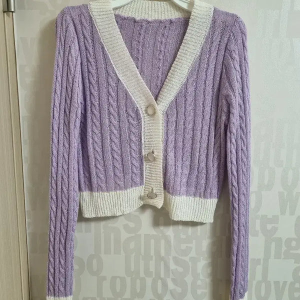 [BUNJANG] Lavender Cable Knit Cropped Cardigan / 라벤더 배색 꽈배기 크롭 니트 가디건