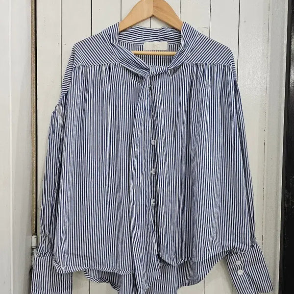 [BUNJANG] Enc Women's Striped Blouse / Enc 여성 타이 블라우스 Free 블루 단가라 긴팔 벌룬소매 스트라이프 넥 리본끈 루즈핏 핀턱 셔츠블라우스