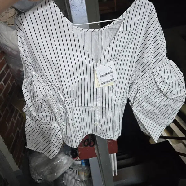 [BUNJANG] Stripe Puff Sleeve Blouse Blue/White / 스트라이프 퍼프소매 블라우스 블루,흰