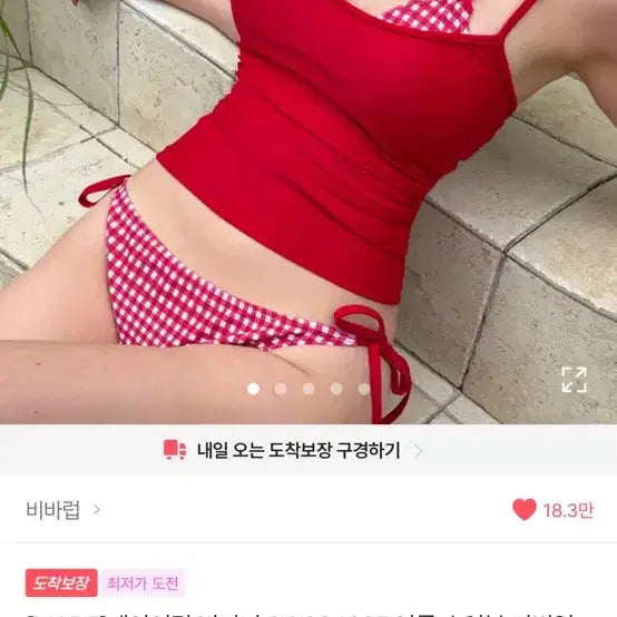 [BUNJANG] Red Checkered Bikini Set (Top/Bottom + Sleeveless Shirt) / 여자 여성 수영복 레드 체크 비키니 세트(상/하의+나시)