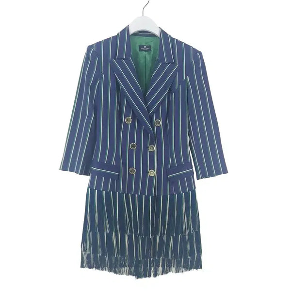 [BUNJANG] Elisabetta Franchi Double Fringe Stripe Long Jacket / [여42(M)] 엘리자베타프랜치 스트라이프 더블 프린지 롱 자켓/레이디블루