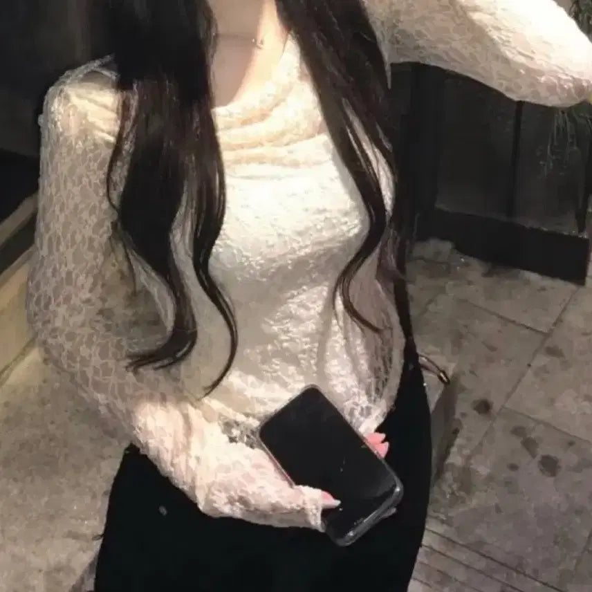 [BUNJANG] Lace Off-Shoulder Shirring See-Through T-Shirt / 레이스 오프 셔링 시스루 티셔츠