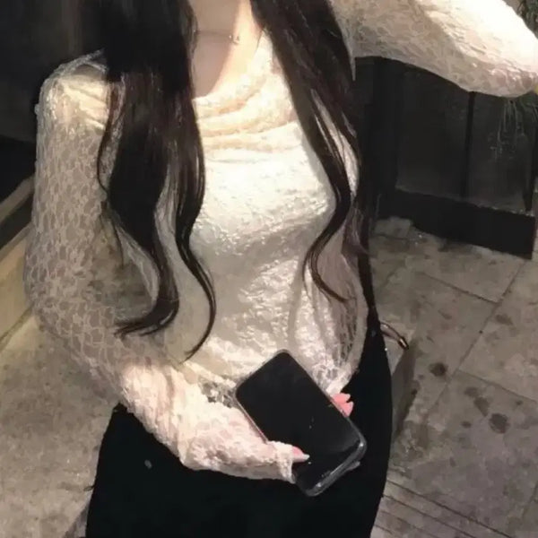 [BUNJANG] Lace Off-Shoulder Shirring See-Through T-Shirt / 레이스 오프 셔링 시스루 티셔츠