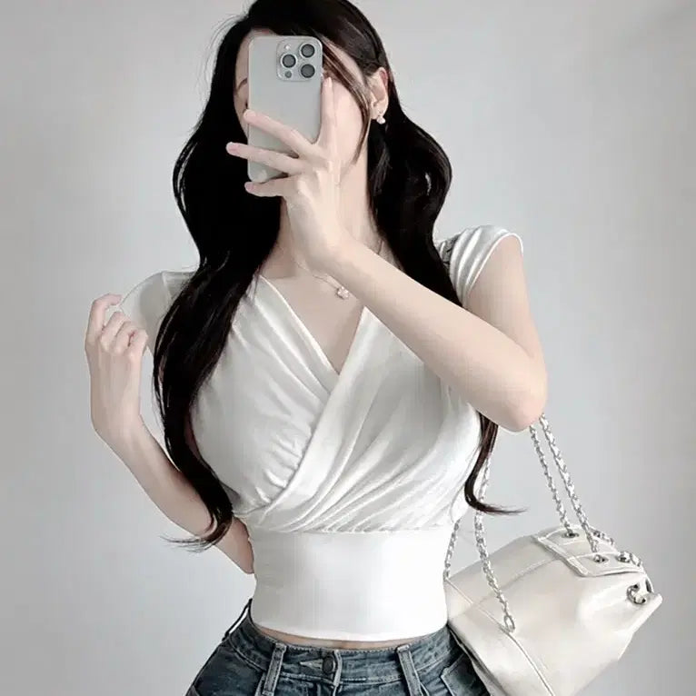 [BUNJANG] White Wrap Design Cropped Shirring Short Sleeve T-Shirt / 화이트 랩 디자인 크롭 셔링 반팔