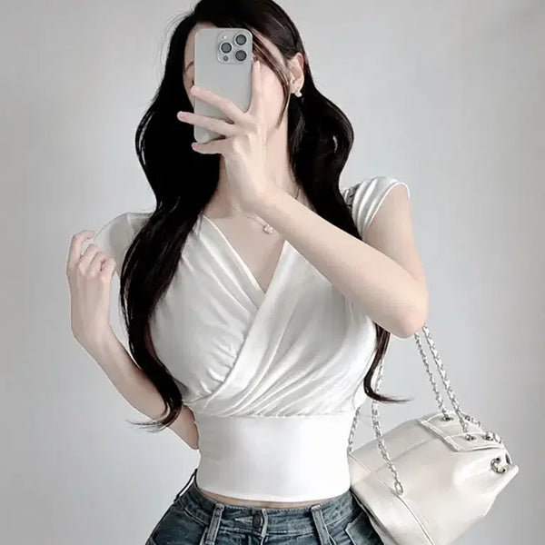 [BUNJANG] White Wrap Design Cropped Shirring Short Sleeve T-Shirt / 화이트 랩 디자인 크롭 셔링 반팔
